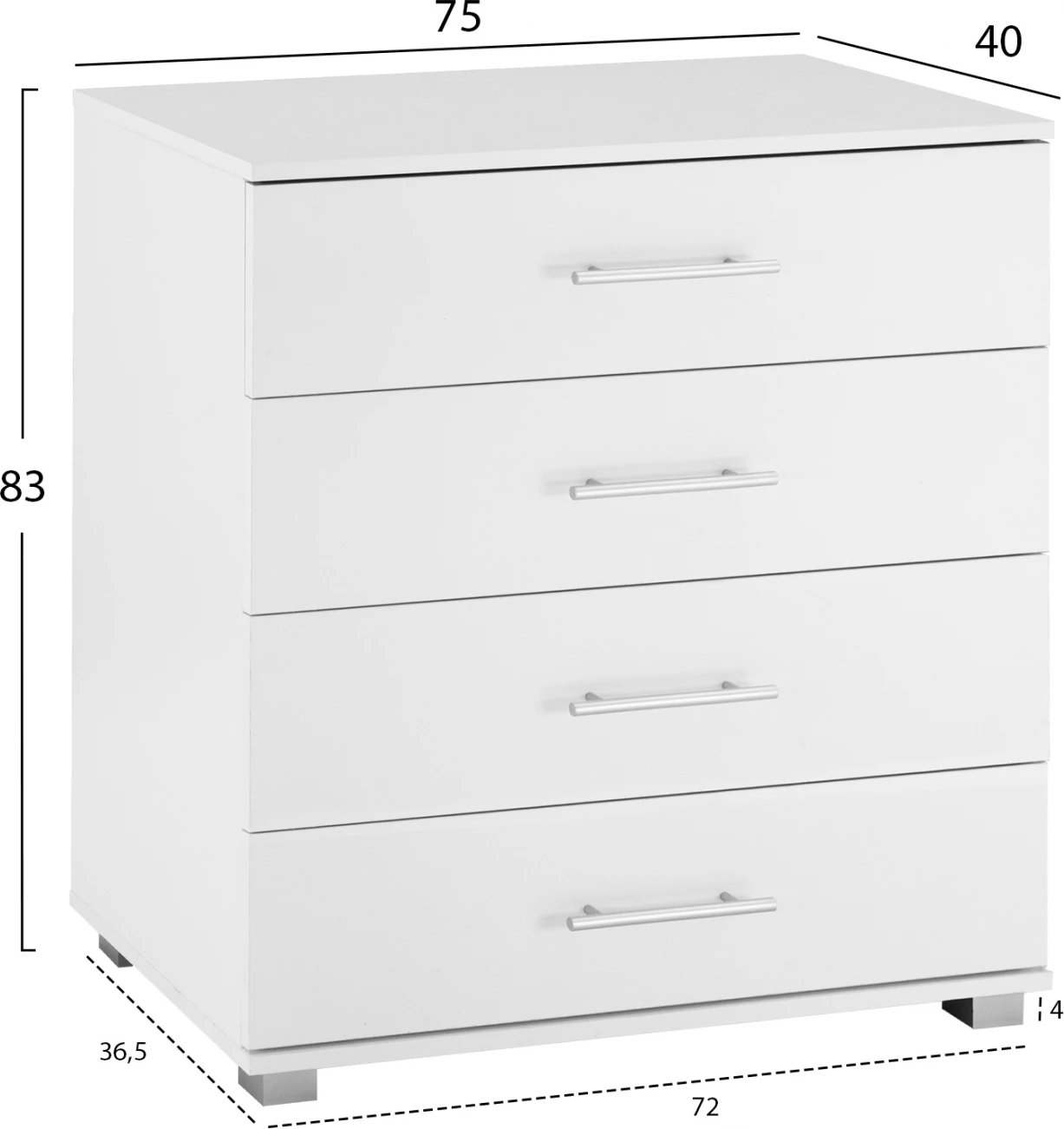 Komodinë nga melamina FH2204.05 me 4 sirtarë e bardhë 75x40x83cm