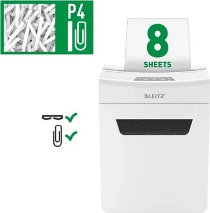 Shredder LEITZ IQ Protect Premium 8X, P4, 8 fletë, shportë 14 l, e bardhë