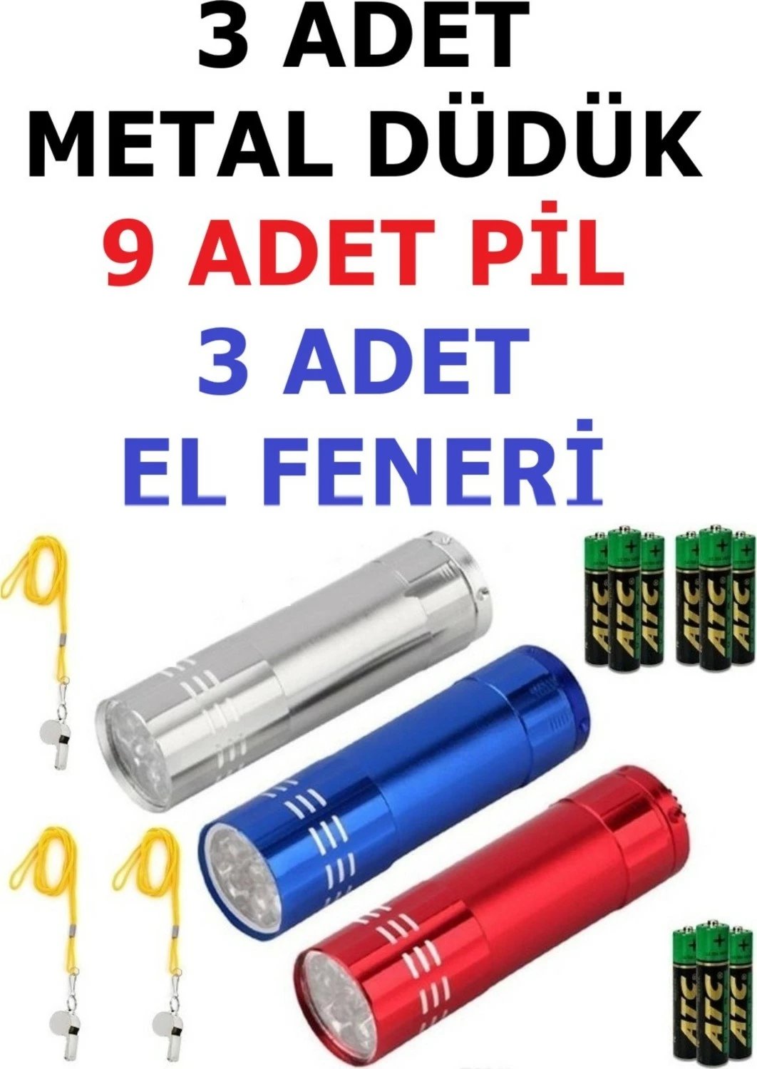 Set për tërmet HYD, 3 bilbila metalikë, 9 bateri, 3 drita dore, gri