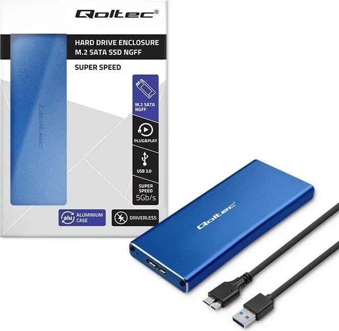 Kasë Qoltec 51832 për SSD M.2, USB 3.0, Blu