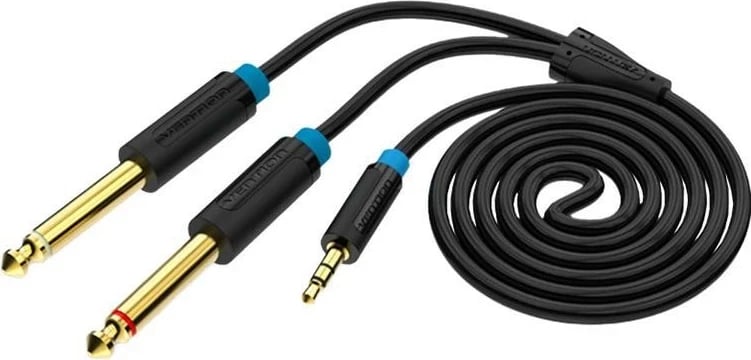 Kabllo audio Vention miniJack 3.5mm/2x Jack 6.35mm, 2m, e zezë