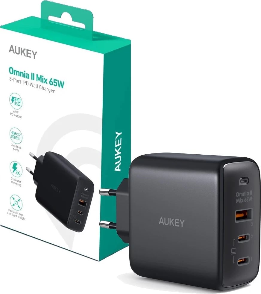 Mbushës i murit AUKEY Omnia II Mix PA-B6T, 1x USB dhe 2x USB-C Power Delivery 3.0 65W, Ngjyrë e Zezë