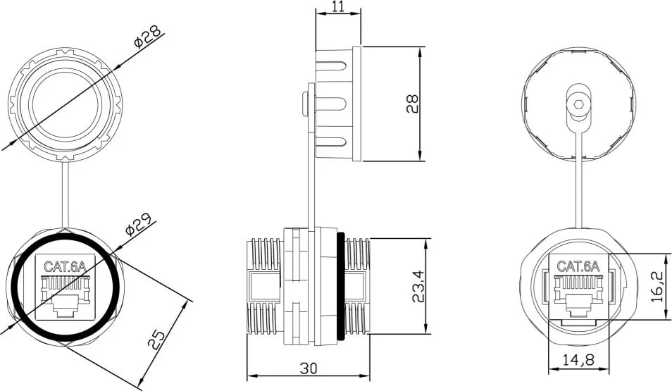 Lidhës Techly 363548 RJ45 Cat6a i mbrojtur, me mundësi mbrojtje IP68, ngjyrë e zezë