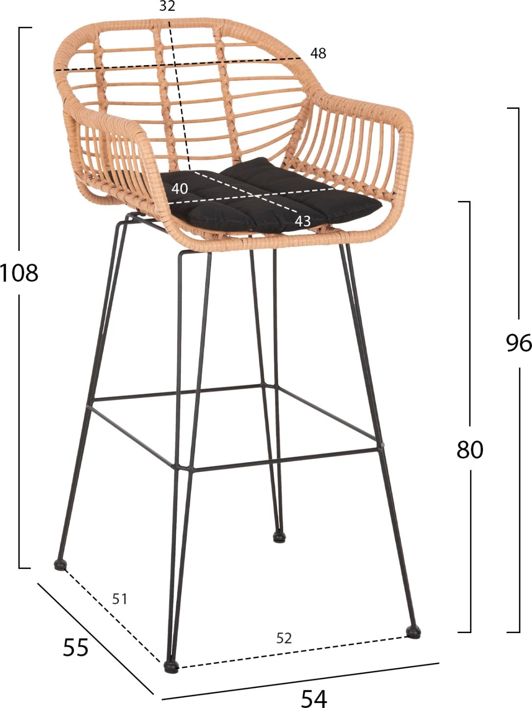 Karrige për bar ALLEGRA FH5640.11 P.E.RATTAN ngjyrë bezhë-metal i zi 54x55x108Hcm