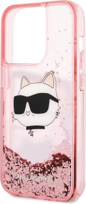 Mbështjellës Karl Lagerfeld do iPhone 14 Pro Max, likuid glitter NFT Choupette Head, rozë