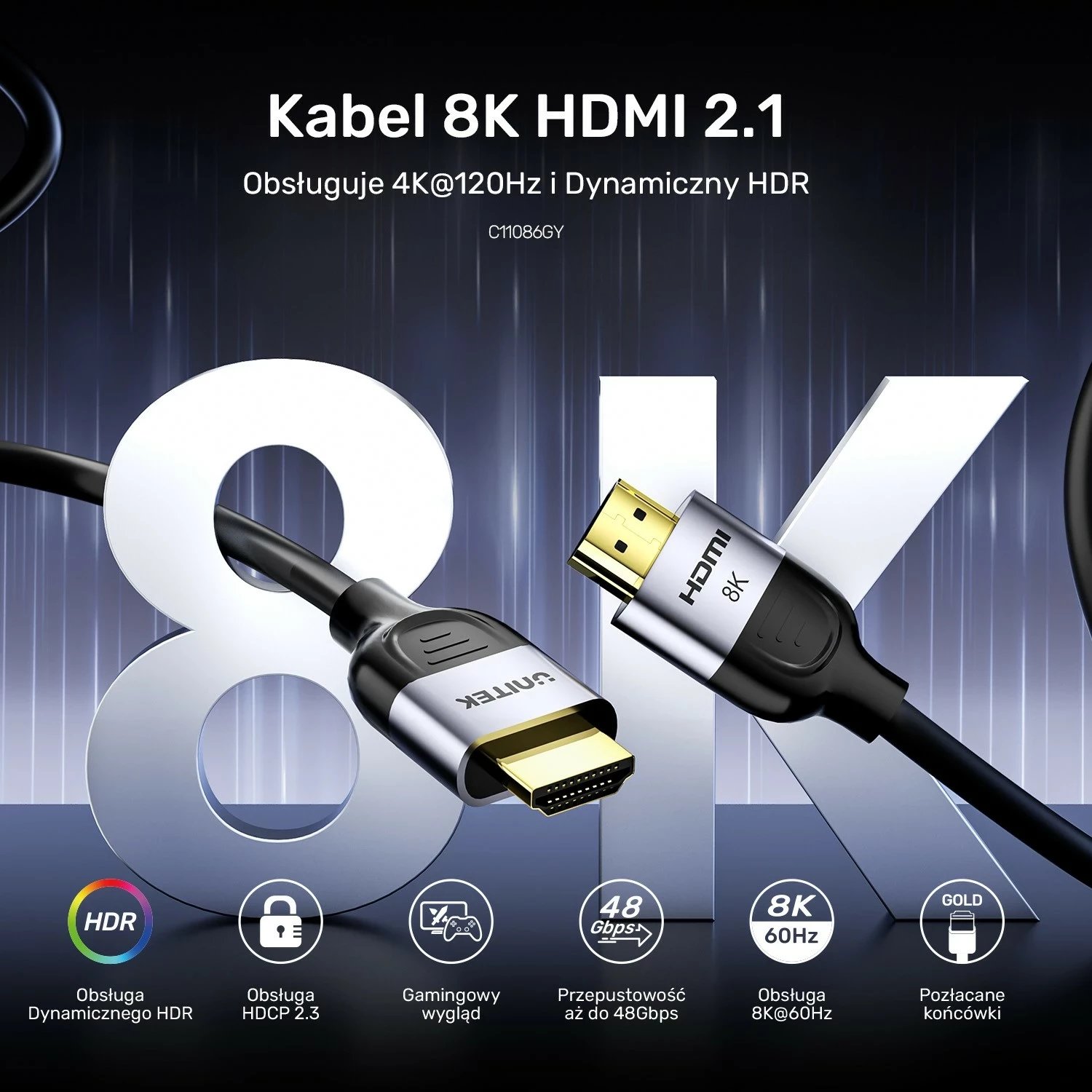 Kabëll HDMI Unitek 2.1 8K 60Hz, 1.5m, zi-argjendtë