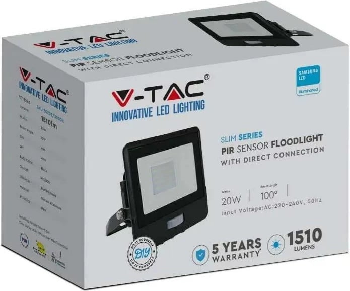 Dritë LED V-TAC me sensor lëvizjeje, 20W, 6500K, Alumini