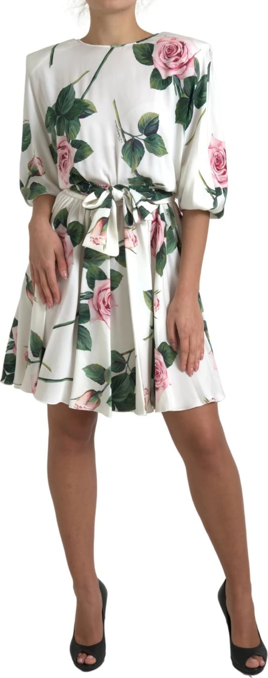 White Roses Print Stretch Silk A-line Dress