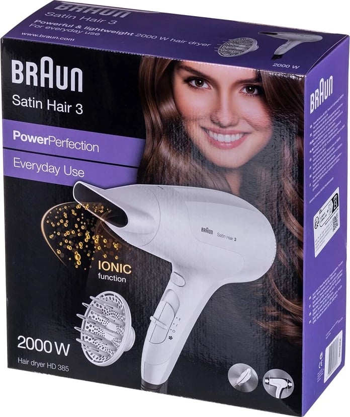 Tharëse flokësh Braun Satin Hair 3 HD 385, 2000 W, Bardhë