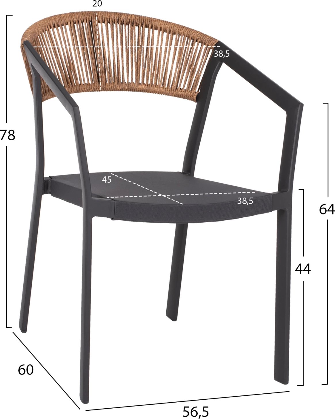 Karrige alumini FH5891.01, kornizë antracit dhe tekstil, shpinë rattan bezhë, 56x60x81,5H cm