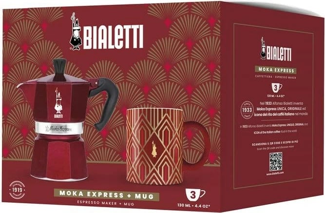 Makina për kafe BIALETTI DECO GLAMOUR Moka Express 3tz, me filxhan, e kuqe