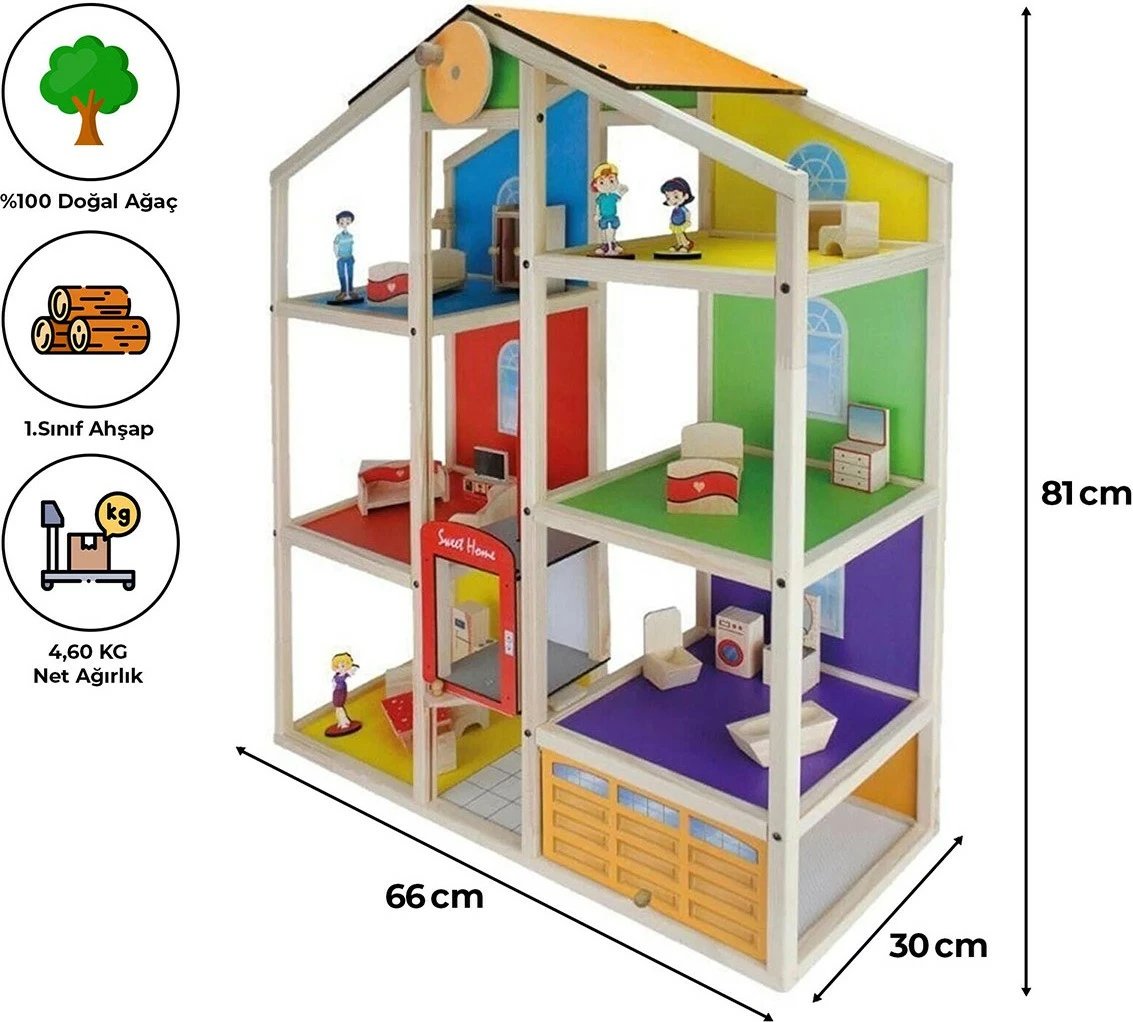 Shtëpi lodër prej druri ROZİTOYS, me ashensor, e ngjyrosur