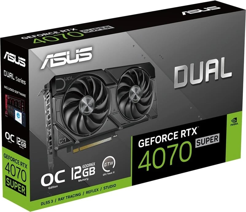 Kartë Grafike ASUS Dual -RTX4070S-O12G-EVO, NVIDIA GeForce RTX 4070 SUPER 12 GB GDDR6X, e Zezë