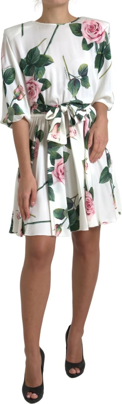 White Roses Print Stretch Silk A-line Dress