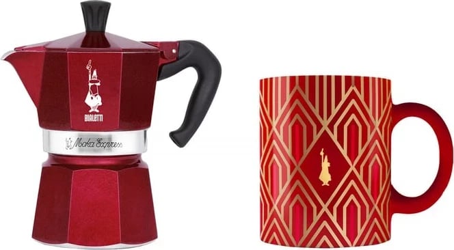 Makina për kafe BIALETTI DECO GLAMOUR Moka Express 3tz, me filxhan, e kuqe