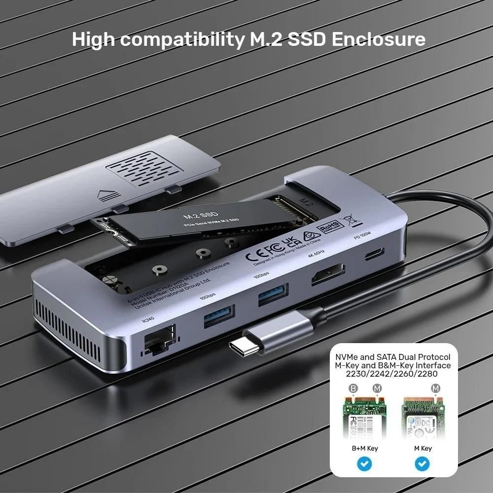 Hub USB-C UNITEK Active, 10Gbps, M.2, HDMI, PD 100W, Gri