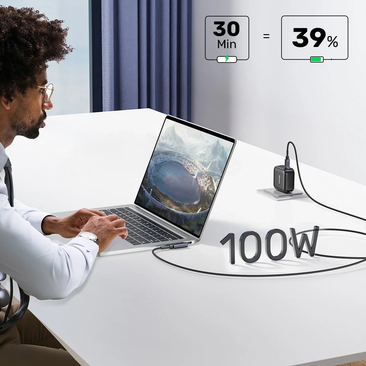 Kabllo Unitek USB-C këndore 90° PD100W 2m, ngjyrë zi-hiri