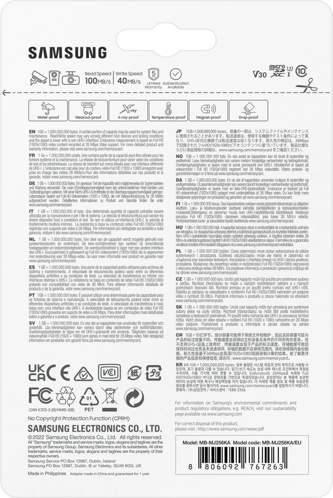 Kartelë MicroSDXC Samsung MB-MJ256K, 256 GB, e bardhë