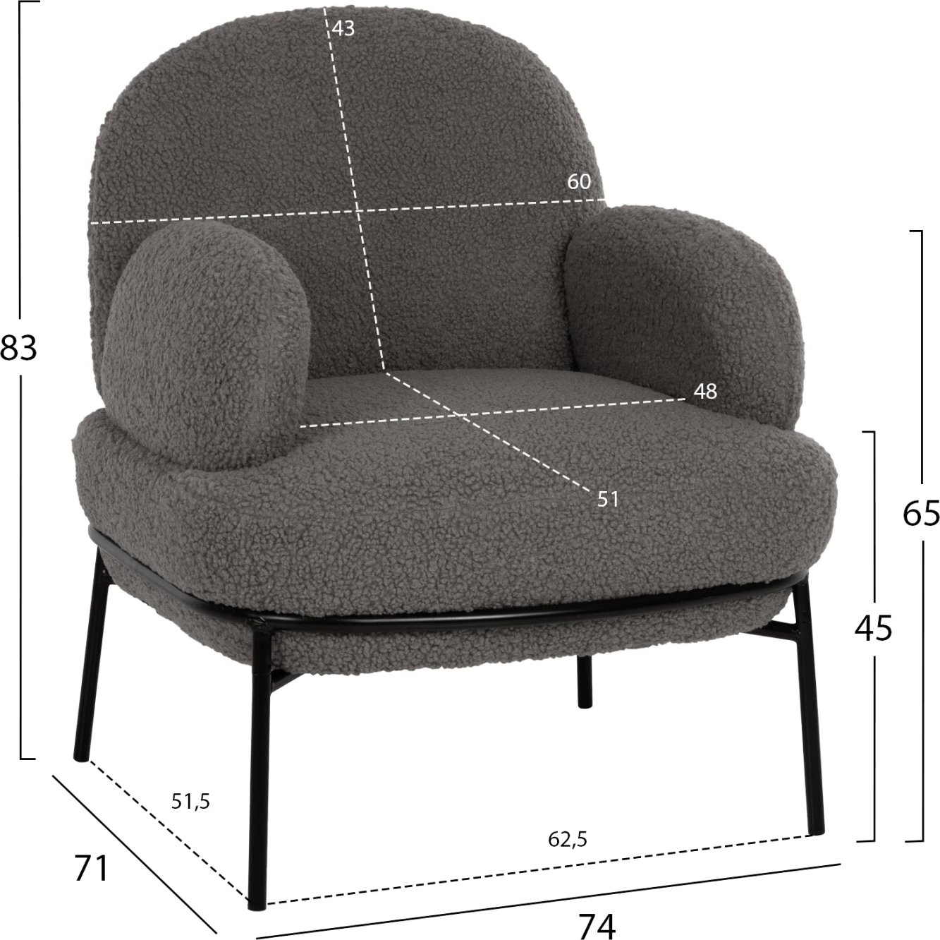 Karrige AGNES FH9525.21, pëlhurë boucle gri, këmbë metalike të zeza, 74x71x83H cm